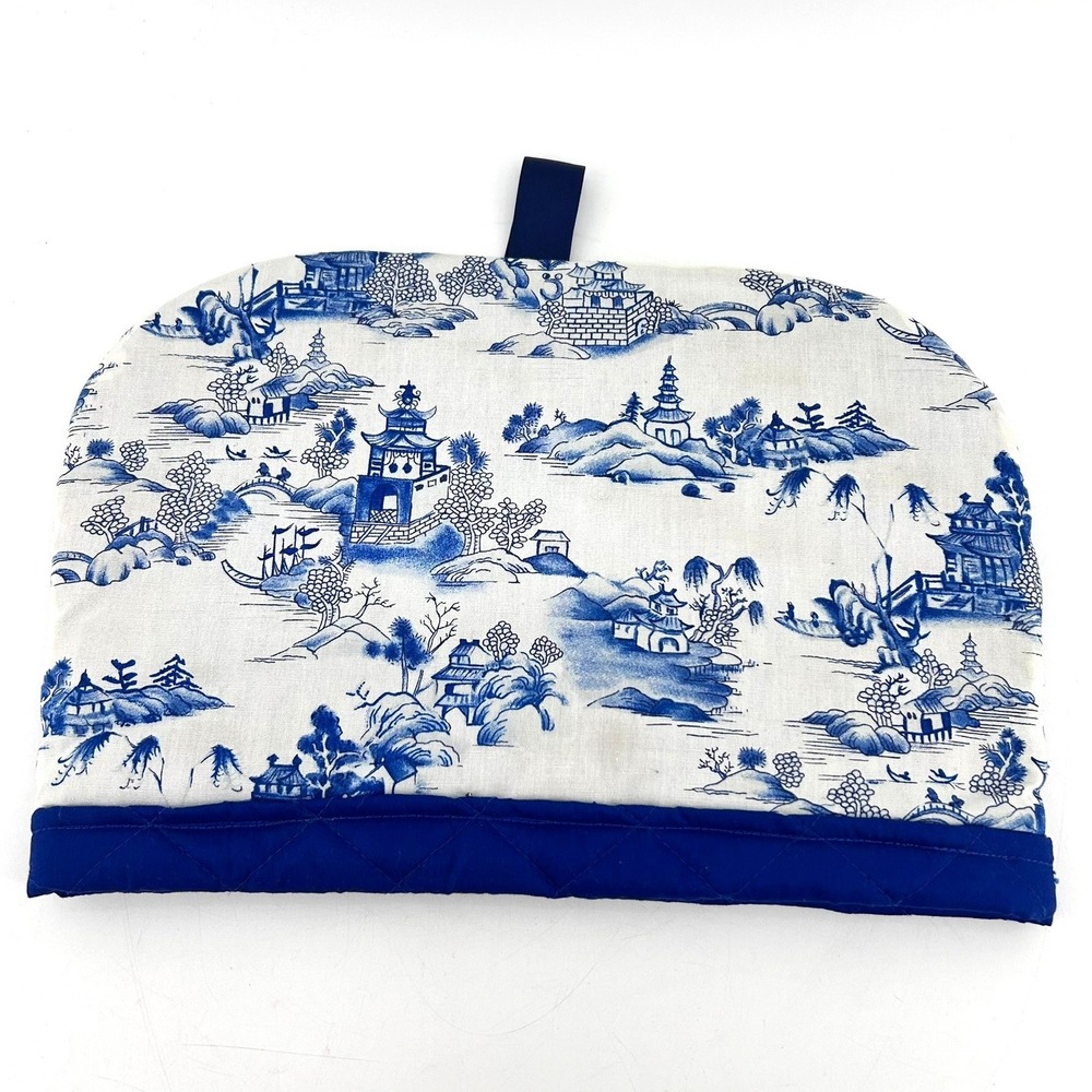 Blue Willow Blue White Chinoiserie Toile Tea Cozy Quilted Asian Landscape Pagoda